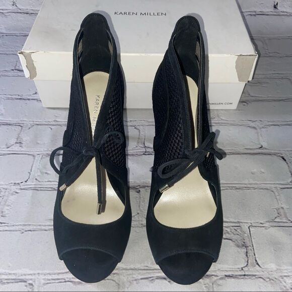 Karen Millen Peep - Toe Black Suede Stiletto Heel Size 8 US 38 IT - Picture 2 of 5